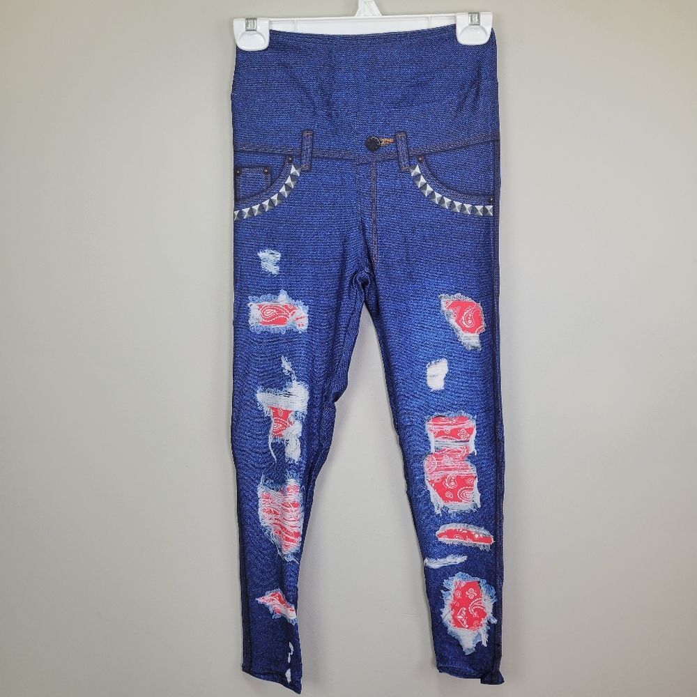 Dren Designs‎ Medium Wash Faux Distressed Denim Red Bandana Accents Leggings OS